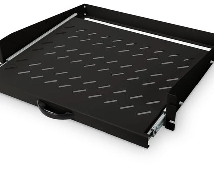 19Inch 2U uitschuifbaar legbord voor kasten vanaf 450 mm diepte 88x483x352 mm, tot 30 kg, zwart (RAL 9005) - Networkdiscount.com