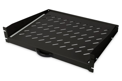 19Inch 2U uitschuifbaar legbord voor kasten vanaf 450 mm diepte 88x483x352 mm, tot 30 kg, zwart (RAL 9005) - Networkdiscount.com