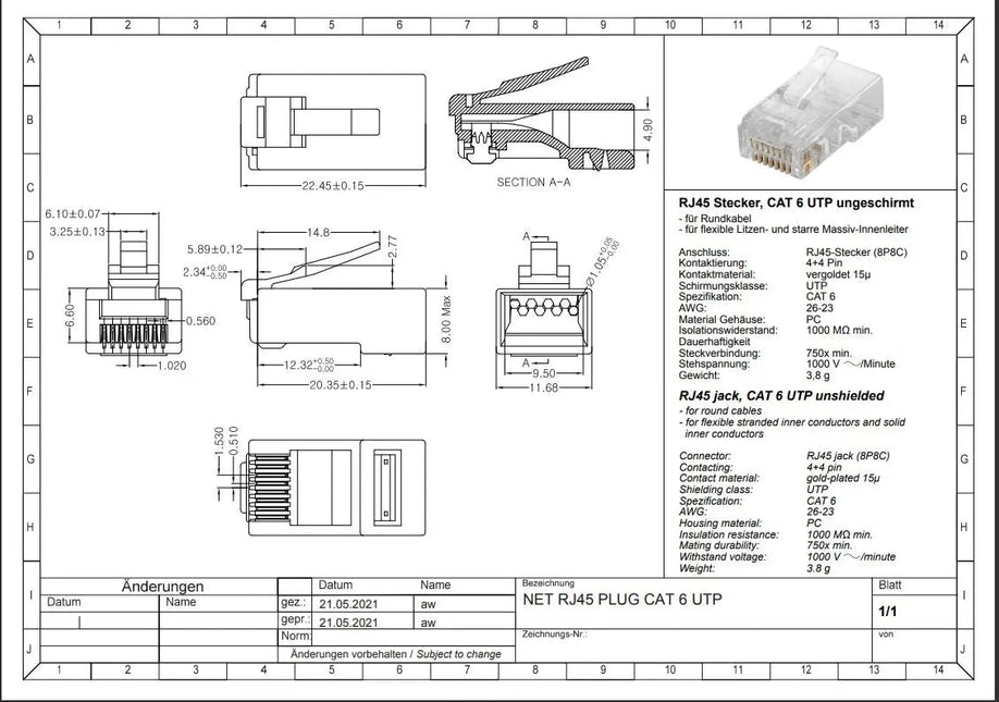 CAT6 Connector RJ45 - UTP 10 stuks voor soepele en stugge kabel - Networkdiscount.com