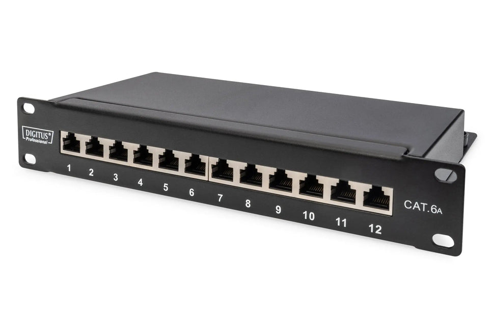 Cat6A 12 - poorts patchpaneel 10" rack RAL 9005 - Networkdiscount.com