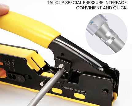Crimp tool for ezEX CAT5e-CAT7 modular plugs