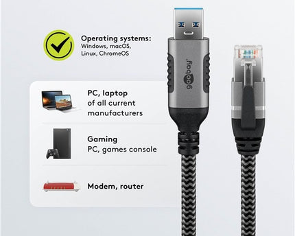 USB-A 3.0 to RJ45 Ethernet Cable 2M