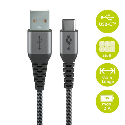 USB-C naar USB-A 1M textielkabel met metalen stekkers