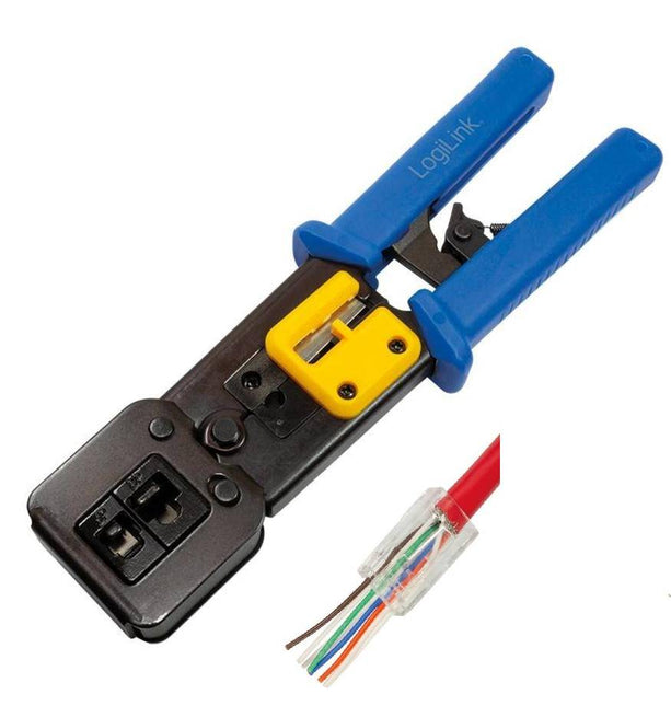 Crimping tool for RJ11, RJ12 and RJ45 plugs, with cutter