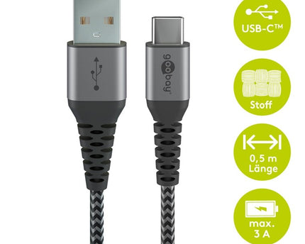 USB-C  to USB-A  0.5M Textile Cable with Metal Plugs