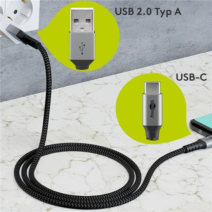 USB-C  to USB-A  2M Textile Cable with Metal Plugs